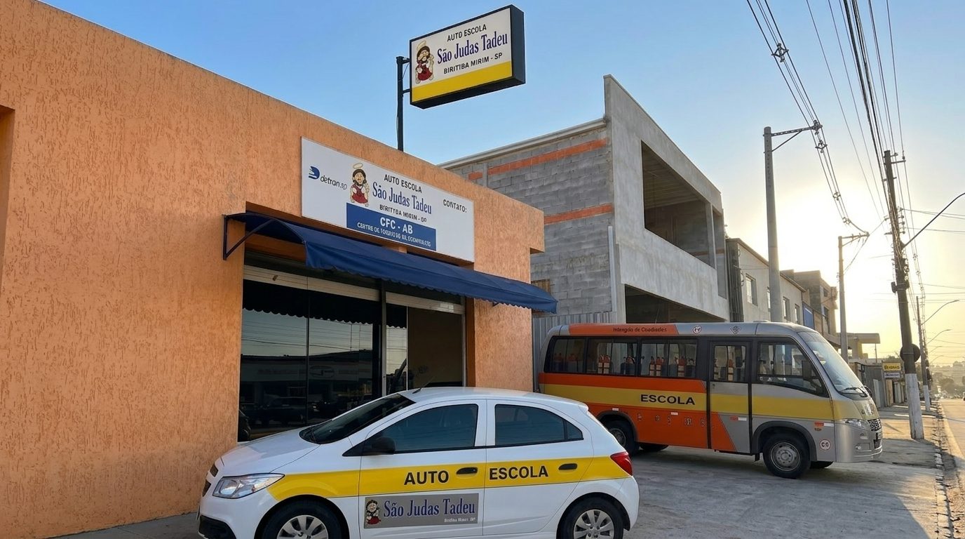 Fachada da Autoescola São Judas Tadeu, com placa do Detran/SP, o carro e o ônibus da escola
