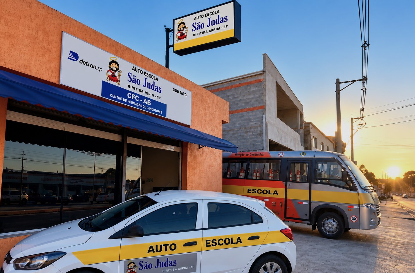 Fachada da Autoescola São Judas em Biritiba Mirim, com o carro e o ônibus da autoescola