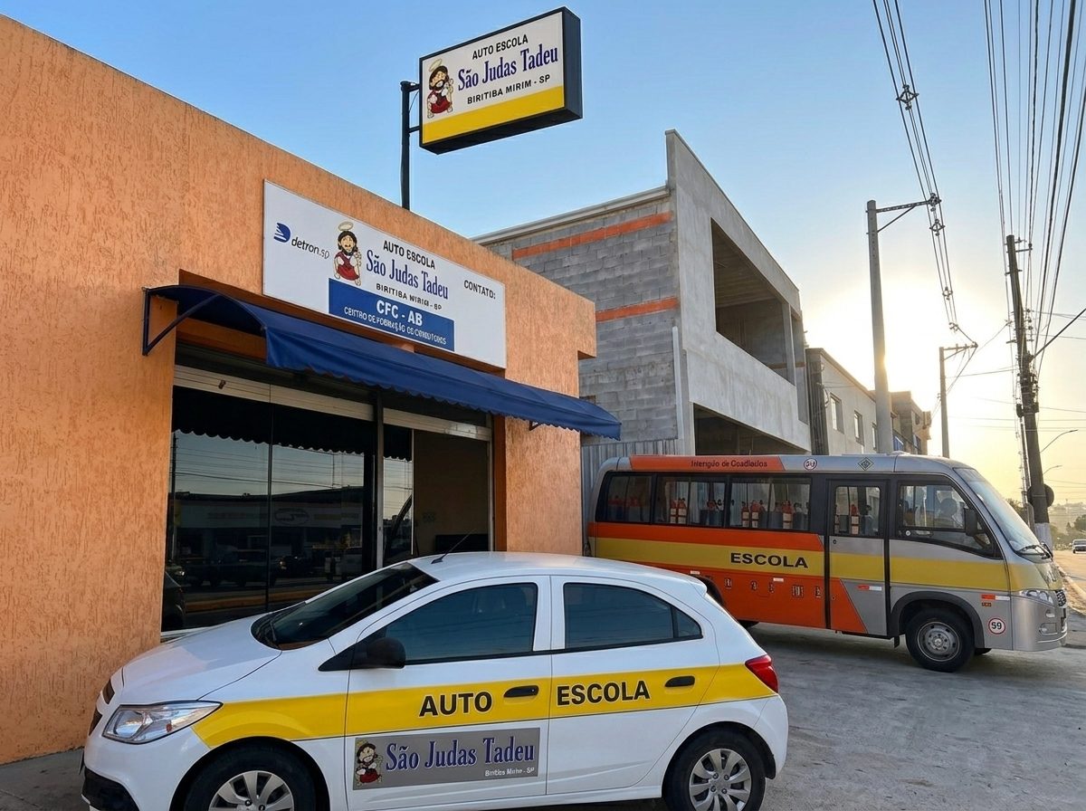 Fachada da Autoescola São Judas Tadeu em Biritiba Mirim, com o carro e o ônibus da autoescola