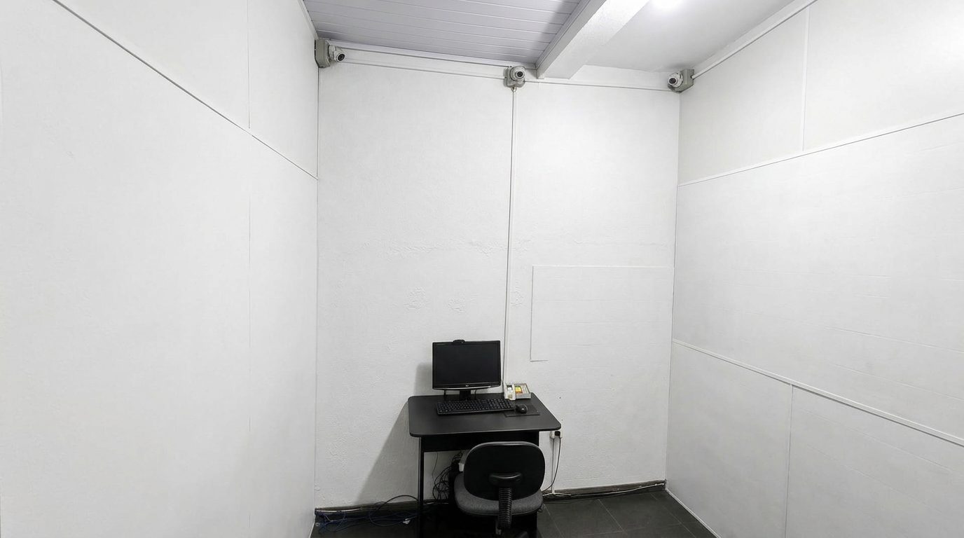 Sala de reciclagem da autoescola, com computador e câmeras de monitoramento